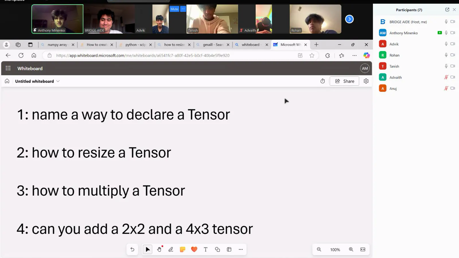 A shared whiteboard listing practice questions about tensors during the virtual session.