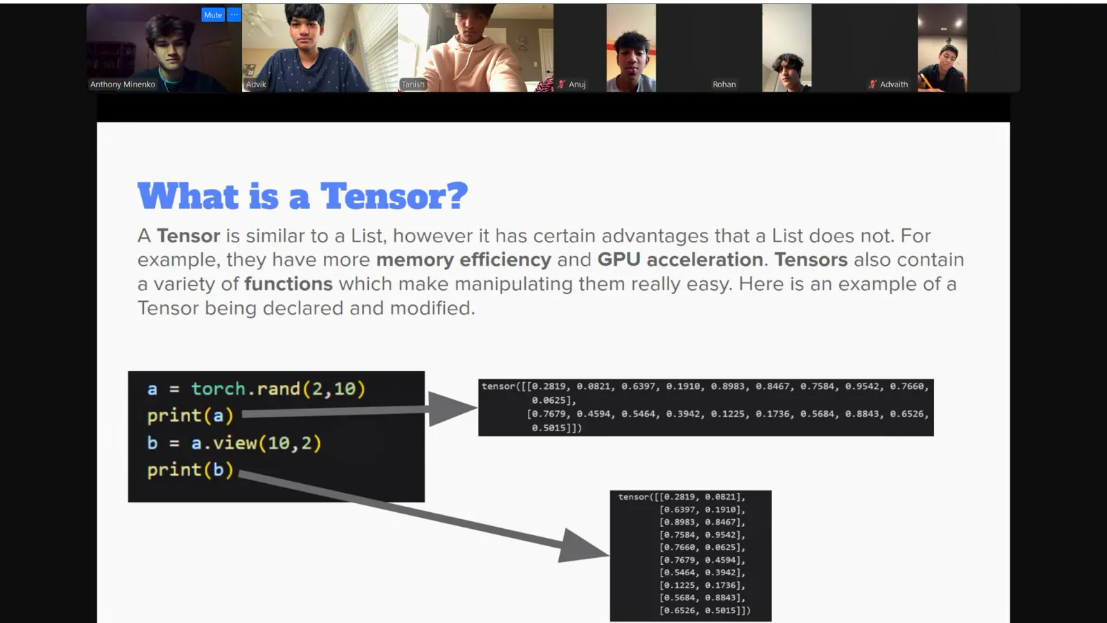 Students on a video call above a shared slide titled “What is a Tensor?” with example code.