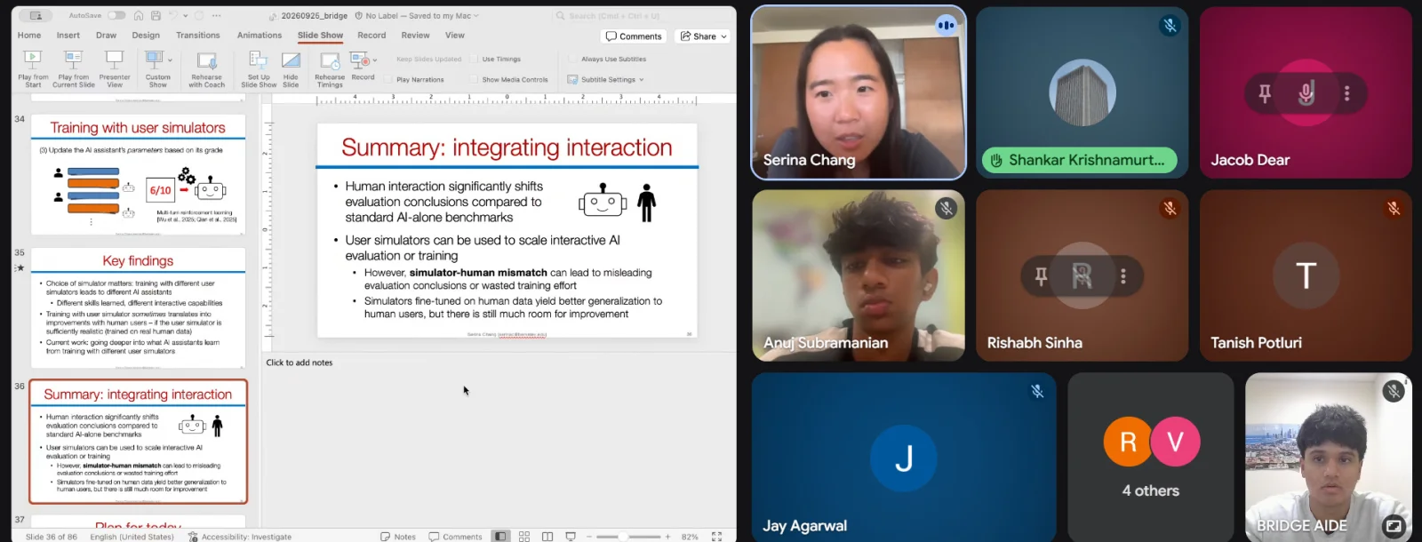 Professor Serina Chang presents a summary of human interaction in AI evaluation and training during the virtual workshop.
